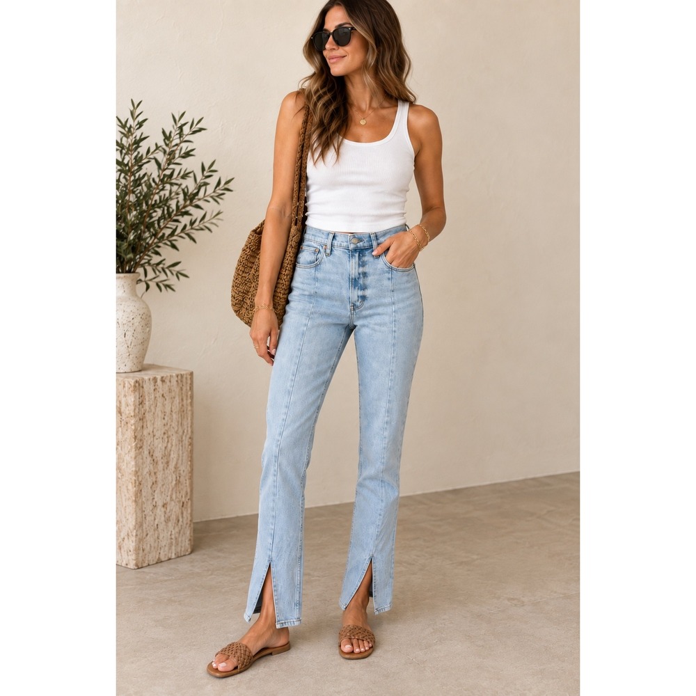 Abercrombie & Fitch High Rise Skinny Jeans Light Wash Front Seam Split Hem 28 6R